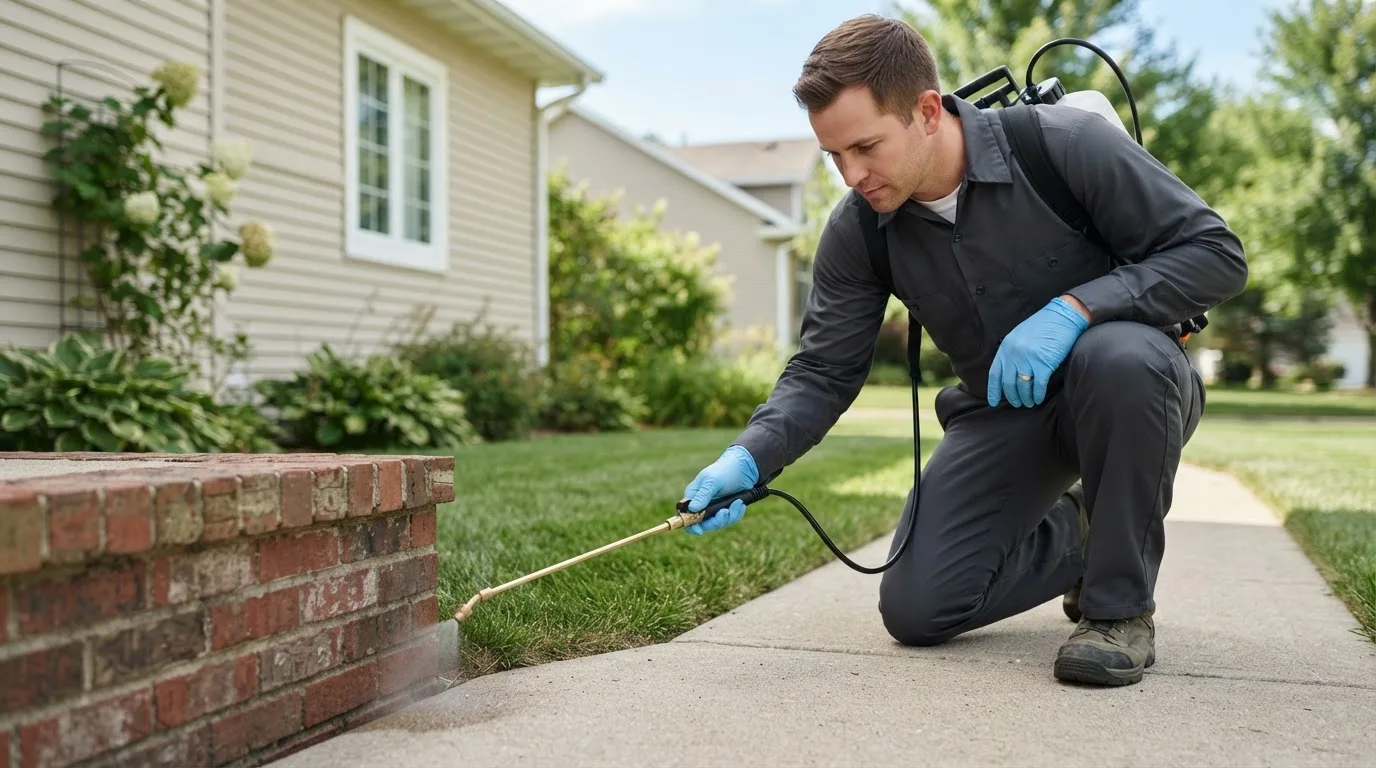 Pest control technician treating a home near Newport, NH