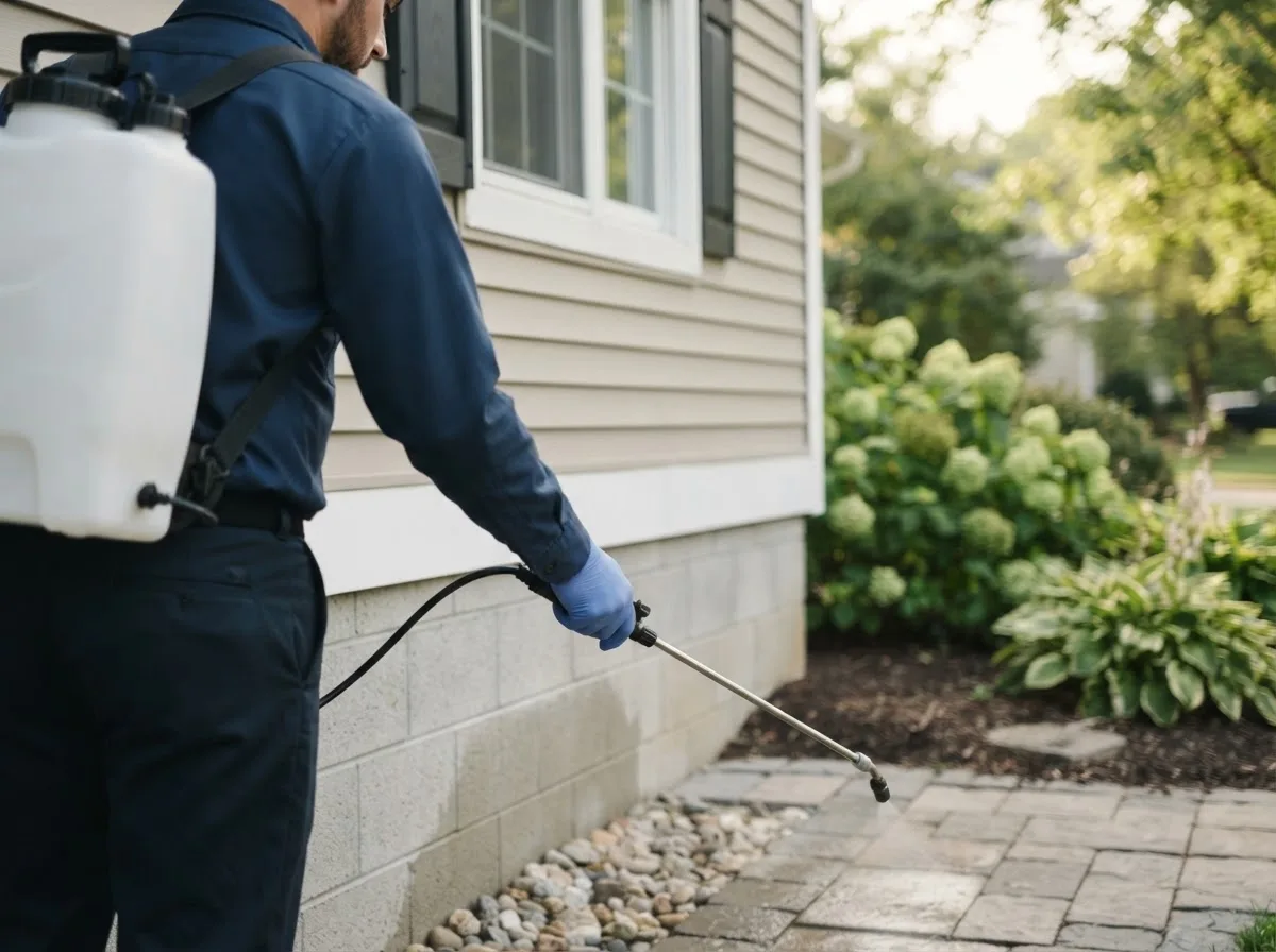 Pest control technician inspecting a home in Newport, NH